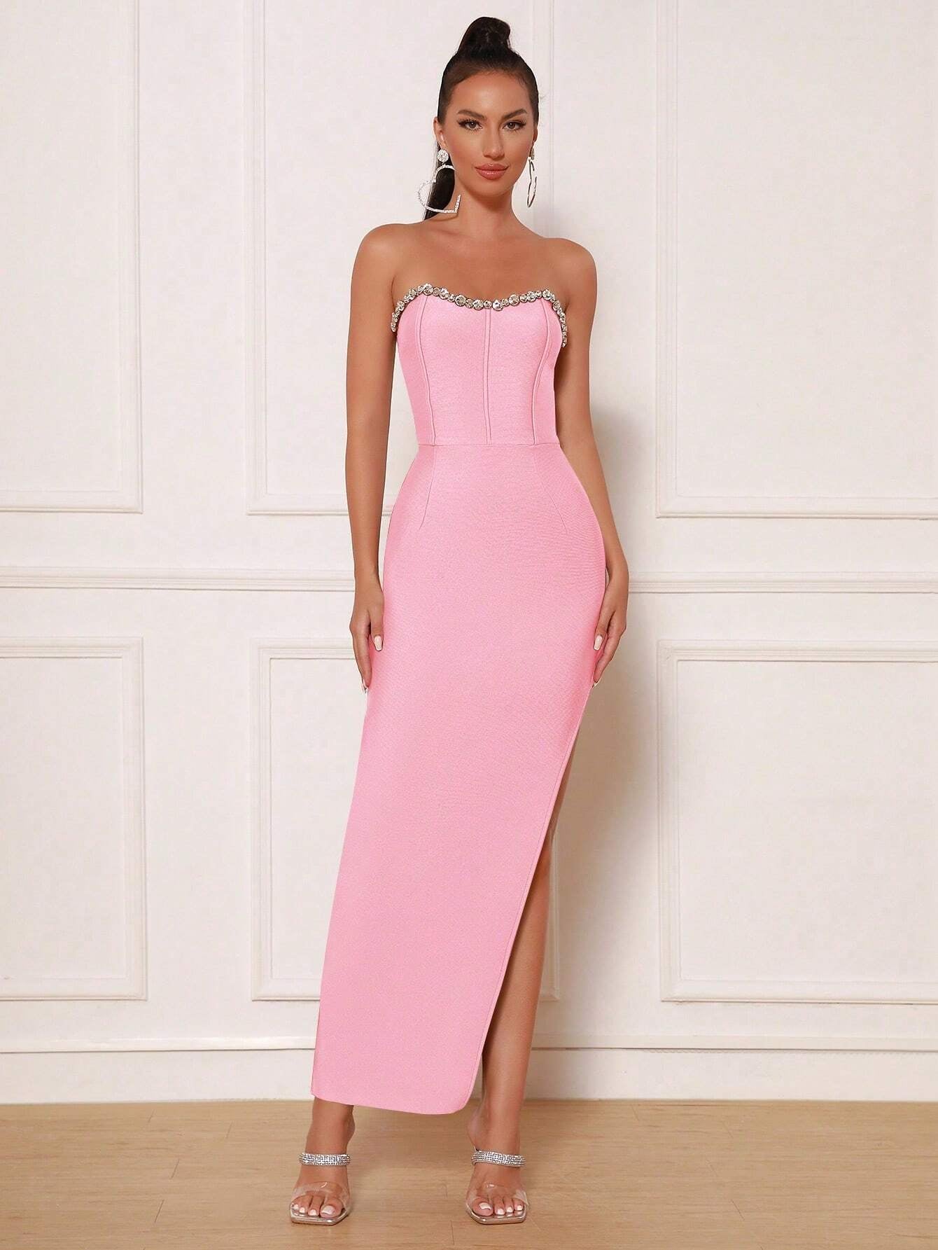 Modphy Women's Sexy Pink Strapless Bandage Dress with Split and Rhinestone Detailing, Perfect for Parties and Formal Occasions.