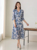 Allover Print Dress with Flounce Sleeves and Split Thigh by DAZY