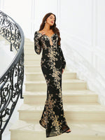 Extra Long Evening Gown for Women with Floral and Sequin Embellishments by Missord.