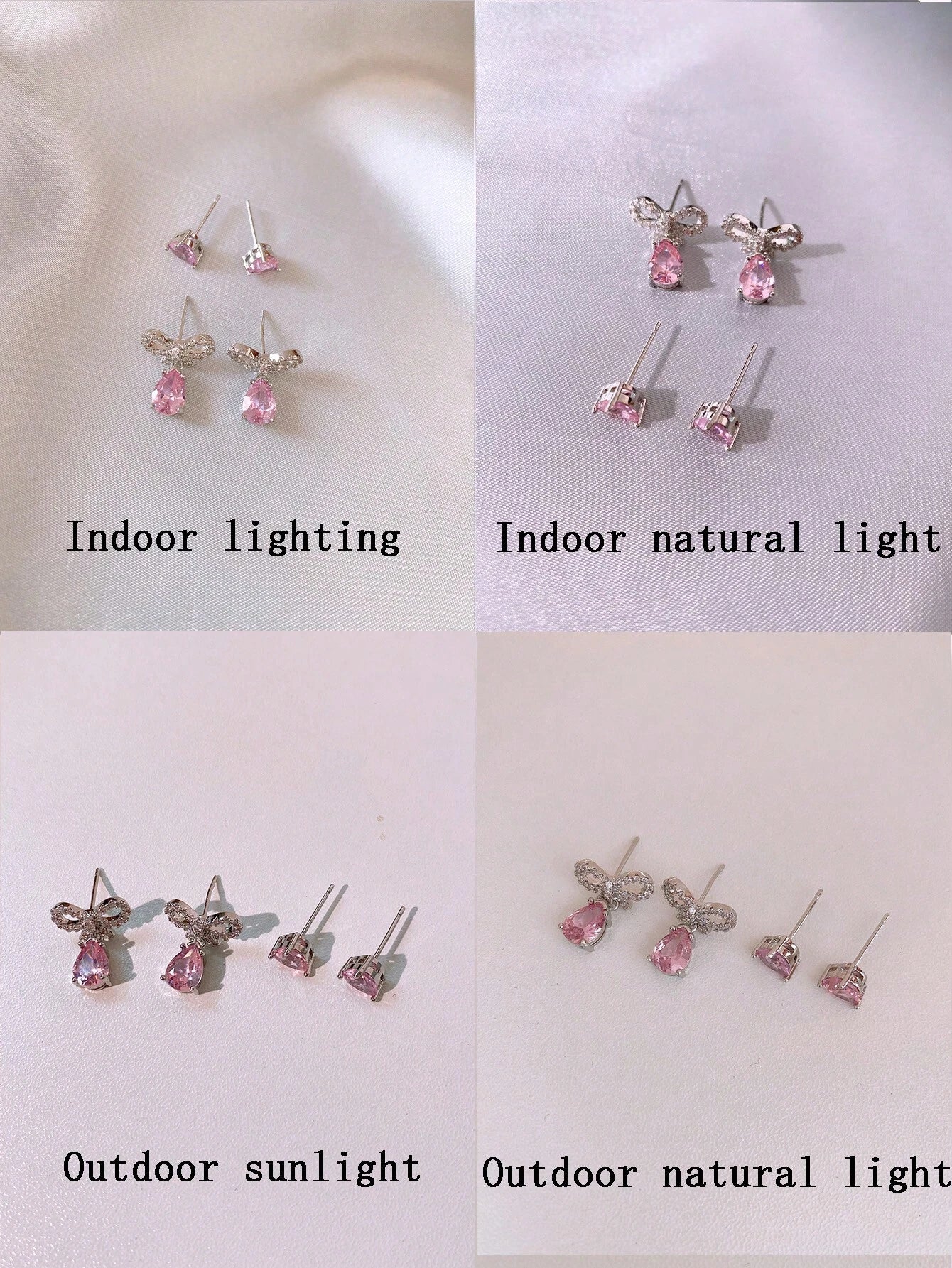 Set of 4 Earrings Decorated with Cubic Zirconia Bows and Hearts.