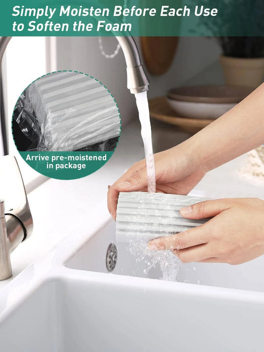 Set of two reusable cleaning sponges for damp dusting, suitable for cleaning blinds, glass, baseboards, vents, railings, mirrors, and window track grooves.