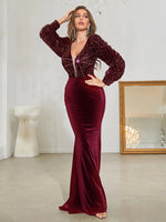 Formal Dress with Contrast Sequin Detailing, Lantern Sleeves, and Mermaid Hem by Giffniseti.