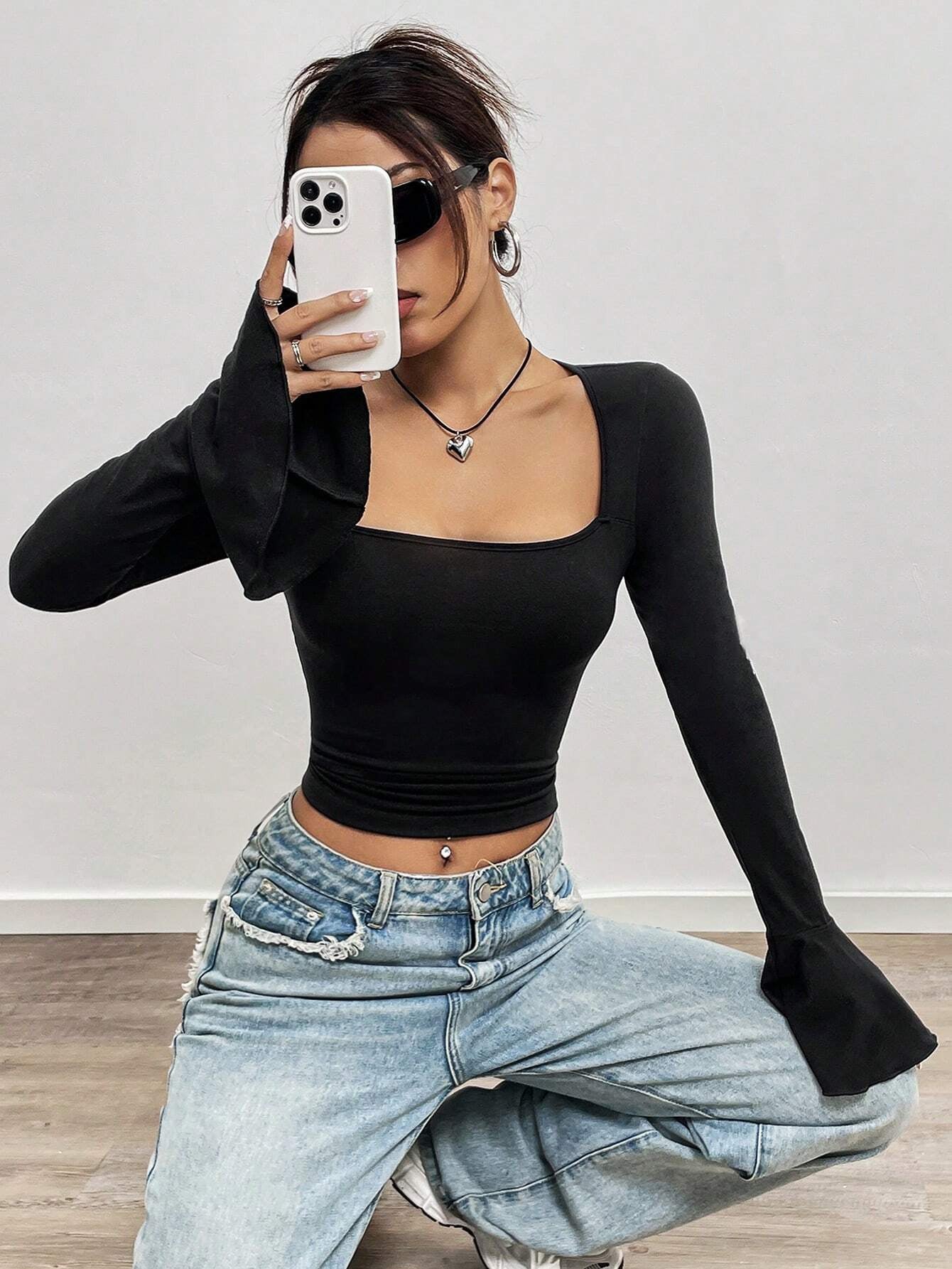 Crop Top for Women with Flare Sleeves