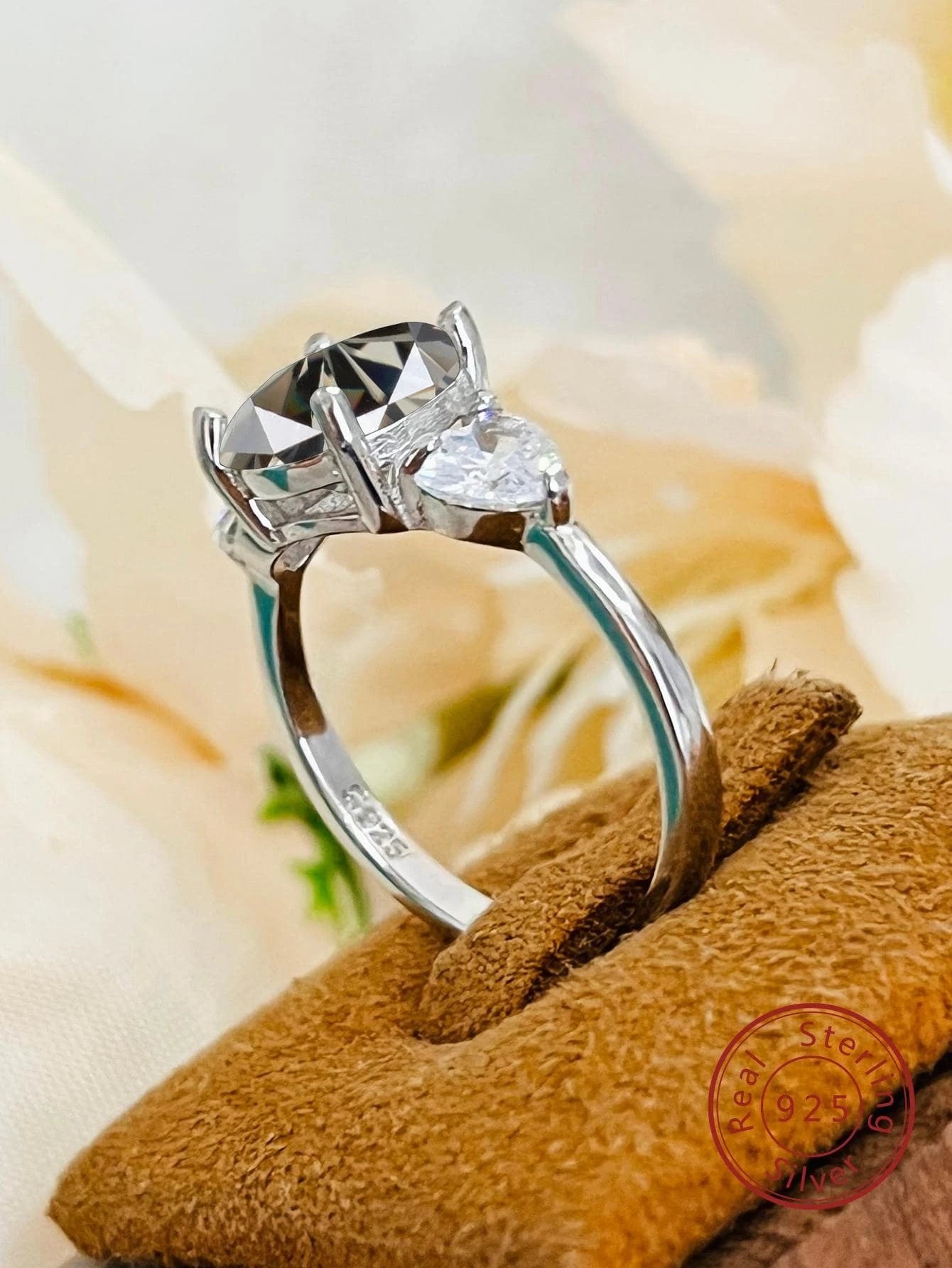 Elegant Silver Ring with Laboratory-Created Moissanite Decoration for Women - Perfect as an Engagement Gift.