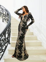 Extra Long Evening Gown for Women with Floral and Sequin Embellishments by Missord.