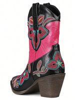 Cowgirl Boots for Women with Pointed Toe, Block Chunky Heels, and Embroidered Flower Detailing, designed for Wide Calf and featuring an Ankle-Length Style.