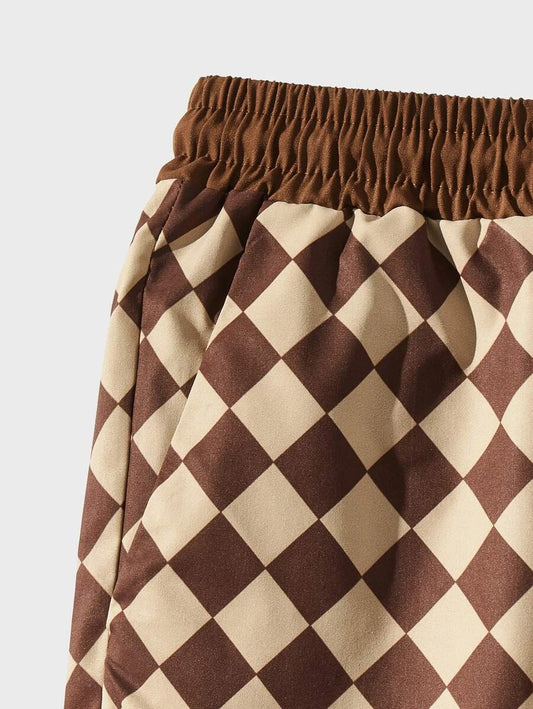 Men's Drawstring Waist Shorts with Checker Print and Striped Trim