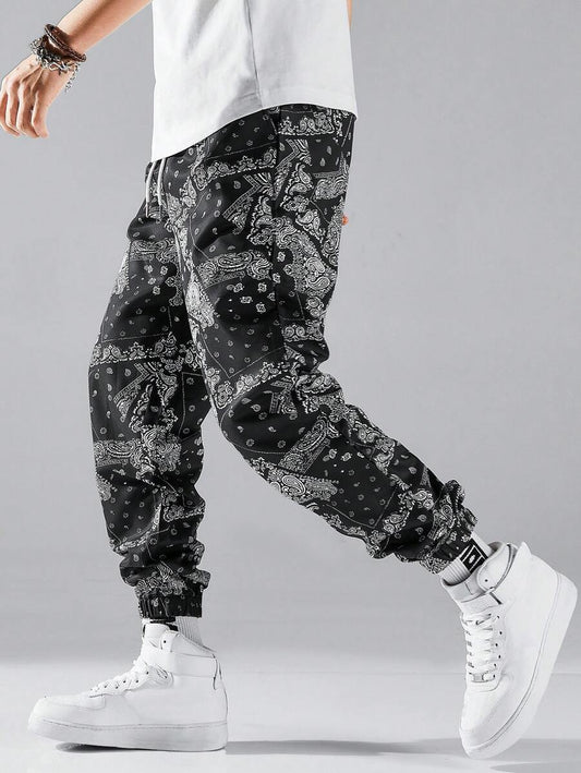 Pants for Men with Drawstring Waist featuring a Random Paisley Scarf Print