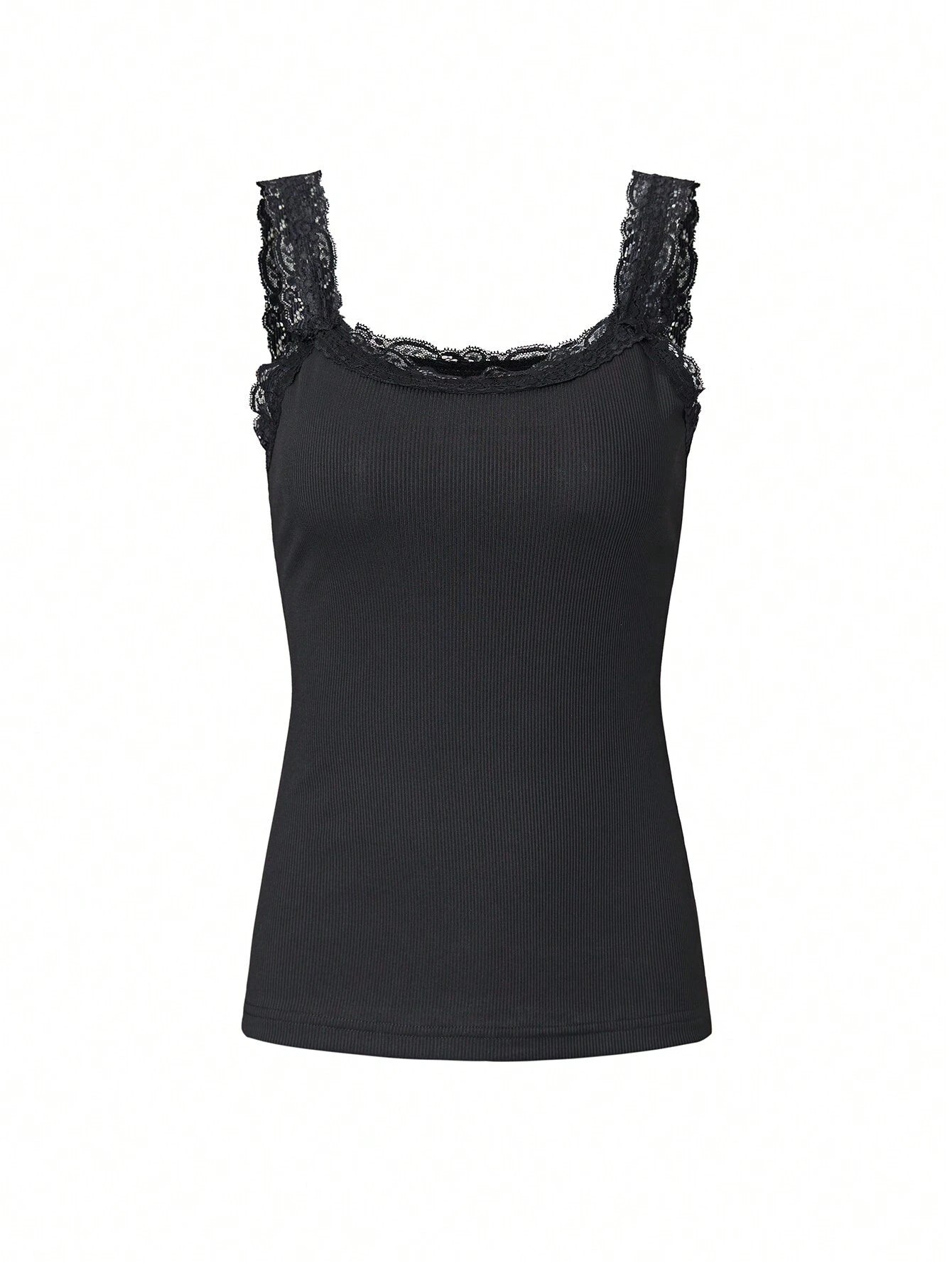 Ribbed Tank Top with Lace Splicing for Women