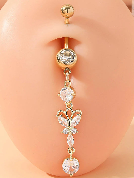 Unisex Stainless Steel Navel Belly Ring with Rhinestone and Butterfly Decoration - Stylish Crystal Punk Piercing, a Fashionable Body Jewelry Gift for Any Occasion