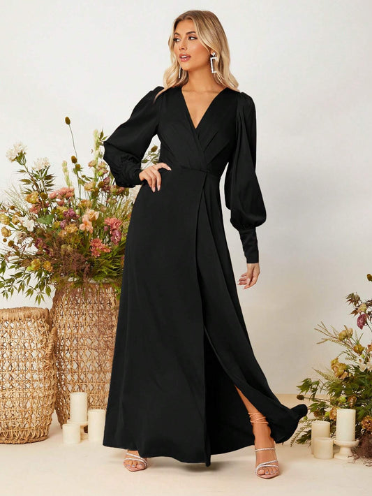 Bridesmaid Dress with V-Neck, Lantern Long Sleeves, and Wrap Style.