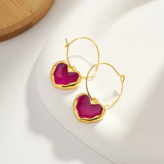 Red Heart-Shaped Dripping Oil Pendant Hoop Earrings for Women.