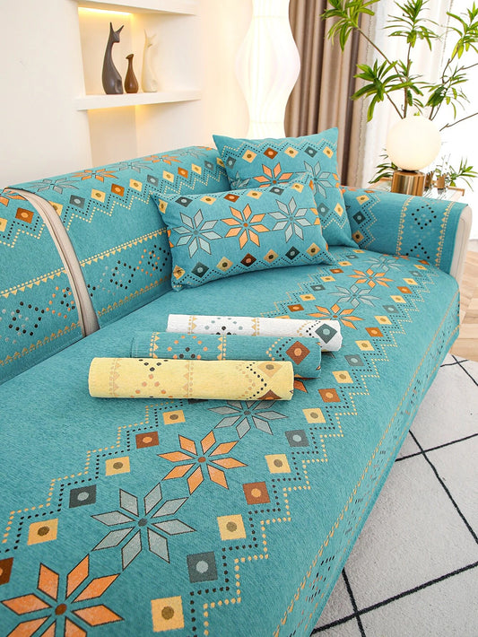 1pc Boho Geometric Pattern Sofa Towel: A single polyester sofa cover blanket designed with an anti-slip feature for all seasons.