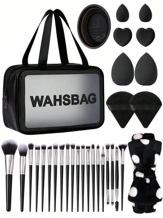 One waterproof multifunctional zipper toiletry bag paired with a 30-piece makeup tool set.