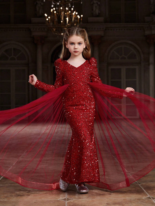 Fish Tail Tulle Dress with Sequin Waist for Tween Girls, suitable for formal occasions.