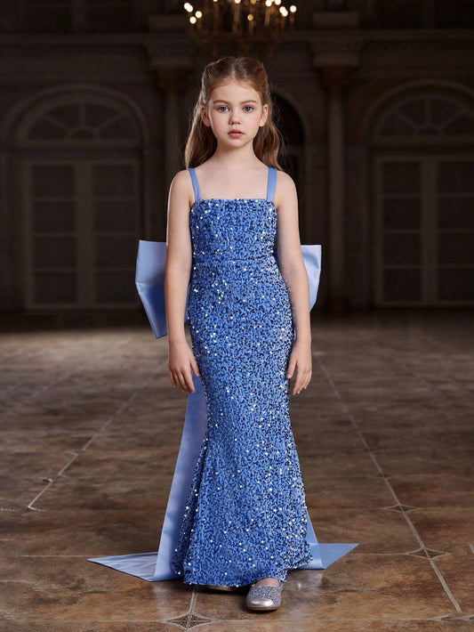 Sparkling Party Dress with Strapless Design and Bowknot Back, Designed for Tween Girls.