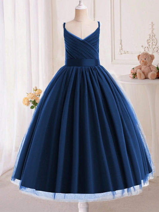 Romantic Strap Mesh Formal Dress for Young Girls, Perfect for Weddings, Proms, and Evening Parties.