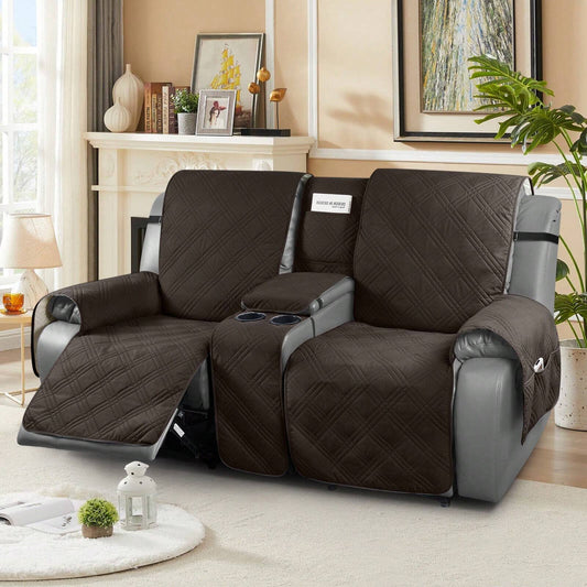 Waterproof Recliner Covers with Center Console, designed for Dual Recliners with Straps, serving as Furniture Protectors for Reclining Sofas.