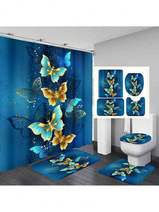 1 Piece Bohemian Style Polyester Waterproof Thermal Insulated Shower Curtain with Butterfly Design, Includes 12 Hooks