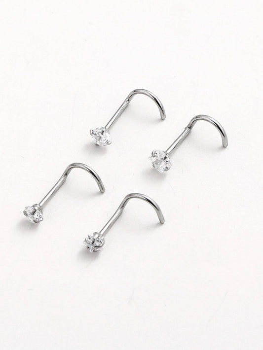 Set of 4 Cubic Zirconia Decorated Nose Rings for Men and Women, Ideal for Parties